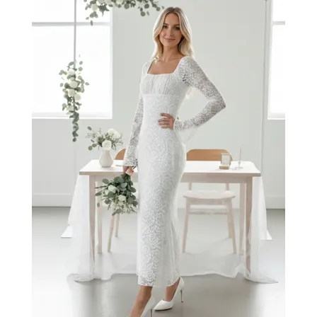 Vestido Racy Modas Noiva Midi Renda Manga Longa Elegante