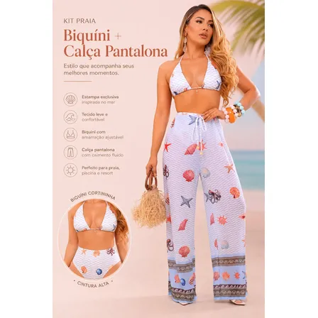 Conjunto Calça + Biquíni Cintura Alta Tule Coral Estampado
