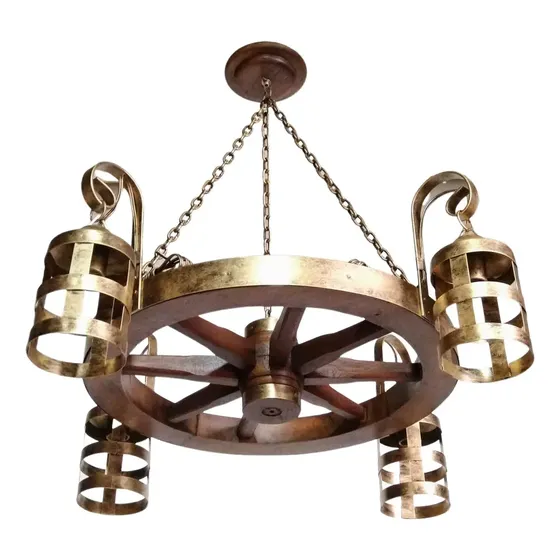 Lustre Rustico Roda De Carroça 50cm C/ 4 Bocais De Ferro