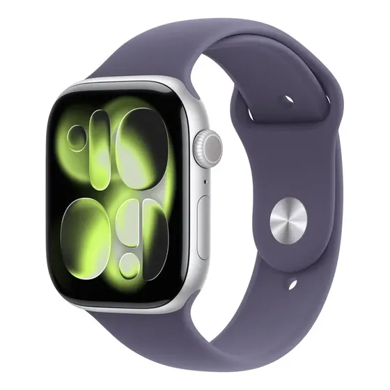 Apple Watch Series 11 GPS - Caixa prateada de alumínio – 46 mm - Pulseira esportiva roxo-névoa – P/M - Distribuidor Autorizado