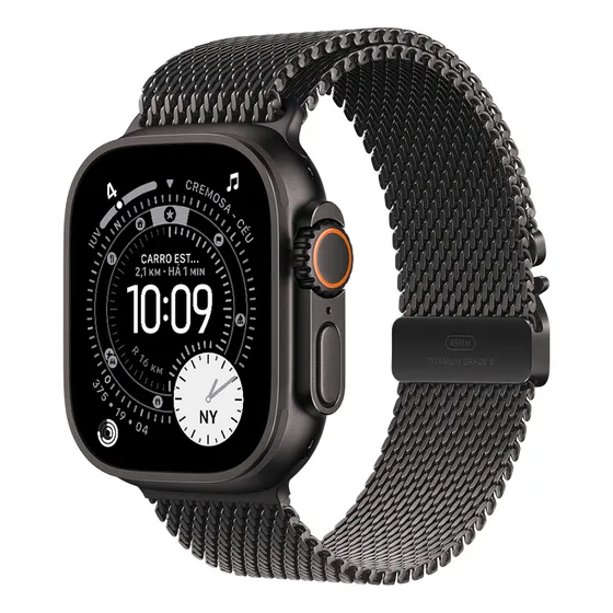 Apple Watch Ultra 3 GPS + Cellular • Caixa preta de titânio – 49 mm • Pulseira preta estilo milanês de titânio – M - Distribuidor Autorizado