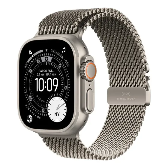 Apple Watch Ultra 3 GPS + Cellular • Caixa natural de titânio – 49 mm • Pulseira natural estilo milanês de titânio – G - Distribuidor Autorizado