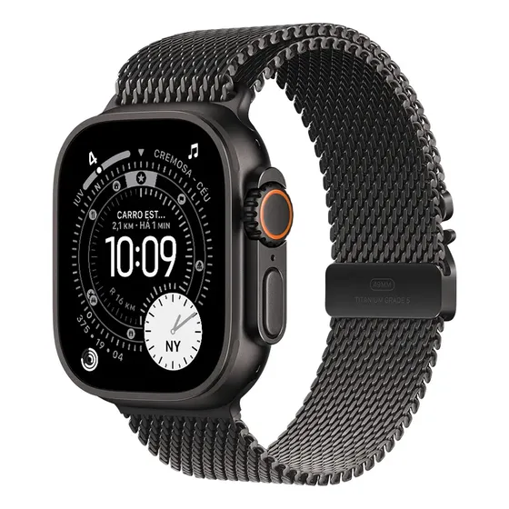 Apple Watch Ultra 3 GPS + Cellular • Caixa preta de titânio – 49 mm • Pulseira preta estilo milanês de titânio – G - Distribuidor Autorizado
