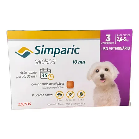 Simparic 10mg C/ 3 Comprimidos para Cães 2,6kg a 5kg Proteção Completa Antipulgas e Carrapatos