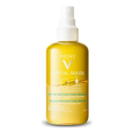 Água Solar Protetora Corporal Hidratante com Ácido Hialurônico e Vitamina E, Proteção Avançada UVA/UVB FPS50 Capital Soleil Vichy 200ml