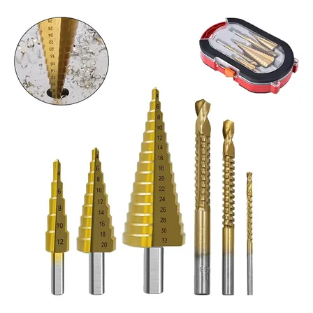 Kit Broca Escalonada Cone 6 Peças Aço Rapido Espiral Titanio