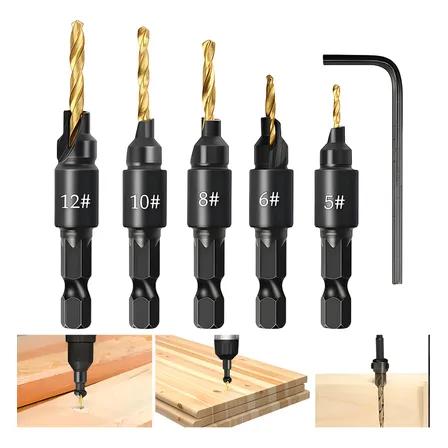 Kit 5 Brocas Para Madeira Com Liga Escareadores Ajustáveis