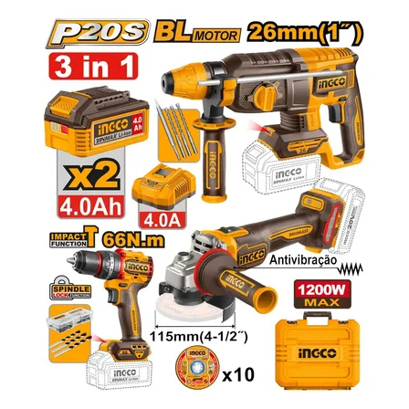 Kit Parafusadeira + Esmerilhadeira + Martelete 2x 4ah Ingco