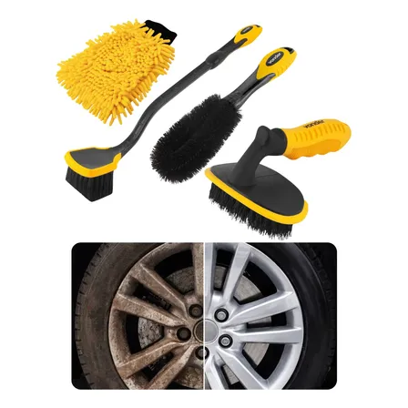 Combo 4 Peças Limpeza Carro Escovas Roda + Luva Microfibra