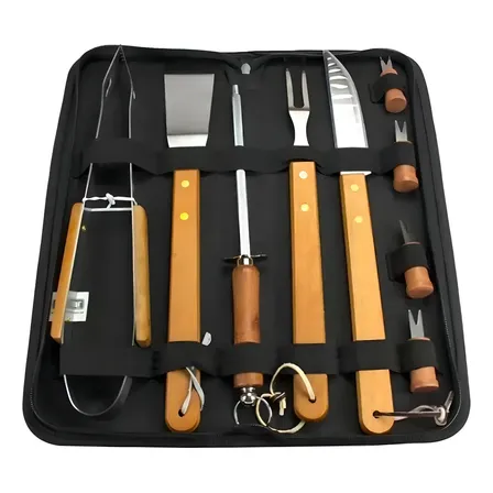 Kit Churrasco 360 De Aço Inoxidável Com 10 Peças