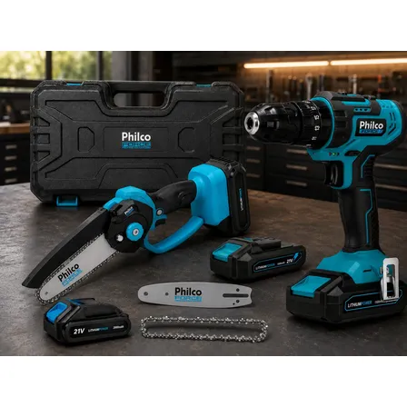 Parafusadeira Impacto Philco 21v + Mini Motosserra C/ Maleta