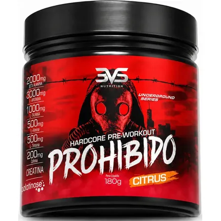 PRÉ TREINO PROHIBIDO 180g Sabor Citrus - Fórmula Avançada contendo Creatina, Beta Alanina, Taurina, L-tirosina, L-alanina, Cafeína, Arginina e Palatinose - Extra Forte