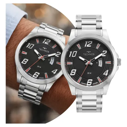 Relógio De Pulso Masculino Technos Analógico Prata E Preto Com Caixa E Pulseira De Aço Inoxidável À Prova D` Água