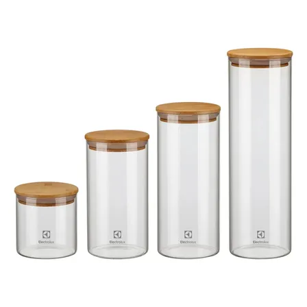 Electrolux Kit 4 Potes Herméticos De Vidro E Tampa Bambu Com Vedação, Porta Mantimentos E Alimentos Bambu E Translúcido