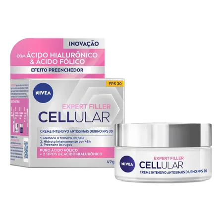 Nivea Creme Facial Antissinais Cellular Filler Dia Fps 30 49g, Hidratação Intensa 48h, Pele Firme, Preenche Rugas, Ácido Hialurônico, Cuidado Diário Todo Tipo De Pele Dia/noite