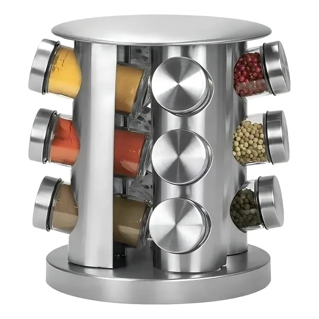 Porta-tempero giratório inox Futuro Casa com 12 potes vidro de 80ml