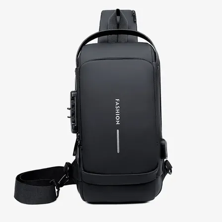 Mochila Transversal Ombro Cor Preto Impermeável com Cadeado Porta de Carregamento USB