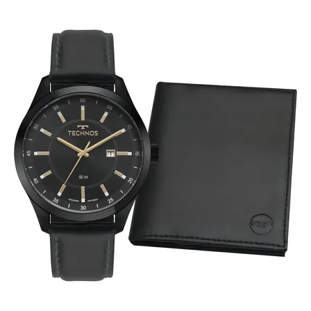 Kit Relógio Masculino Technos Preto E Carteira