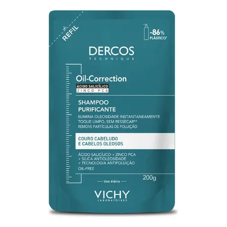 Refil Shampoo Purificante Para Cabelos Oleosos Limpeza Profunda Sem Ressecar Os Fios Fórmula Com Ácido Salicílico E Zinco Pca Oil-correction Vichy Dercos 200g