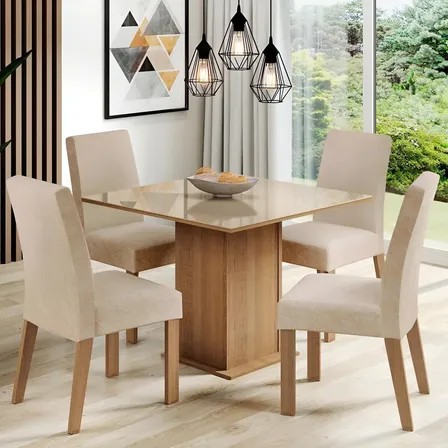 Sala De Jantar Estofada Madesa Evelin Mesa Tampo Vidro Com 4 Cadeiras Cor Rustic/crema/imperial Mdja0401037gsim Liso