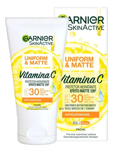 Protetor Solar Facial Hidratante com Vitamina C FPS 30 Efeito Matte 12h Uniformiza e Reduz Imperfeições, Sem Cor, Ideal para Pele Oleosa, Uniform & Matte Garnier, 40g