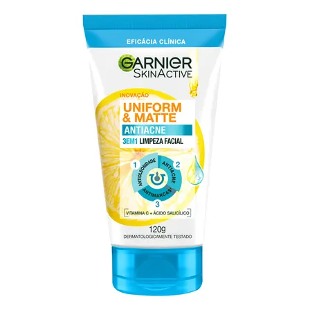 Gel De Limpeza Facial 3 Em 1 Antiacne Para Pele Oleosa, Controla Oleosidade E Reduz Marcas Com Ácido Salicílico Uniform & Matte Garnier 120g Dia/noite