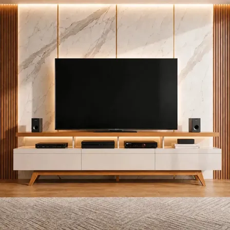Rack Bancada Para Tv Até 72 Polegadas Vivare Design Sala Moderna Com Pés 3 Gavetas Cor Nature Off White