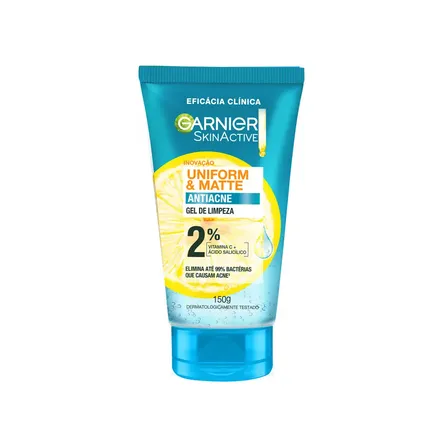 Gel de Limpeza Facial com Ácido Salicílico e Vitamina C Combate Cravos e Espinhas, Reduz a oleosidade e Controle da Pele Acneica Uniform & Matte Garnier 150g