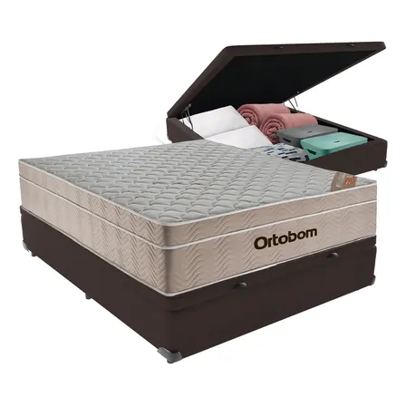 Ortobom Airtech Spring Pocket Box Baú Casal Com Colchão Molas 138cm Cor Marrom