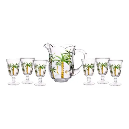 Conjunto 7 Peças Jarra De 1,3l Com 6 Taças De 240 Ml Água Suco Cristal Palm Hand Painting Lyor
