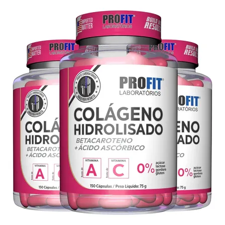 Kit 3x Colágeno Hidrolisado C/ Betacaroteno + Vit C Sabor Sem Sabor