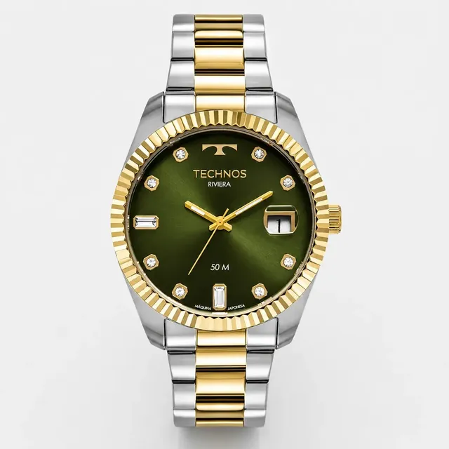 Relógio Technos Masculino Riviera Social Analógico Aço Cor Da Correia Misto Cor Do Bisel Dourado Cor Do Fundo Verde