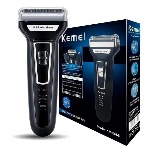 Barbeador Aparador 3 Em 1 Kemei Km-6558 Nariz Barba Cabelo Recarregável Preto 127/220v
