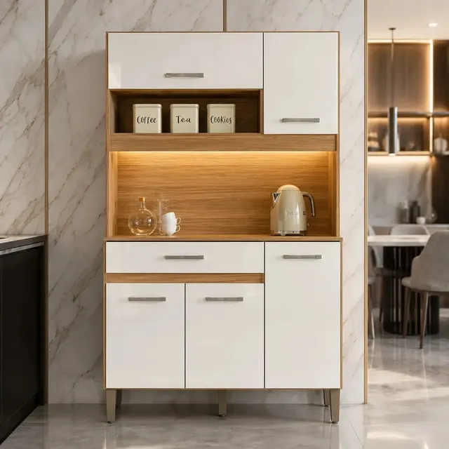 Kit Armário De Cozinha Compacto Magazine Com 5 Portas E 1 Gaveta Multiuso E Bancada Multifuncional Organizador Design Moderno Cor Freijó Off White Freijó/off White Cristal