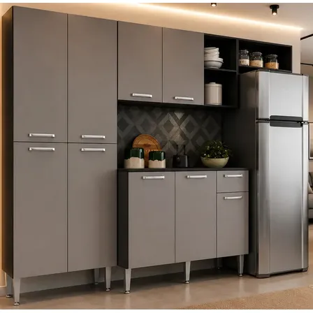 Armário De Cozinha Compacta Pequim Multimóveis V2933 Cor Preto/lacca Fumê