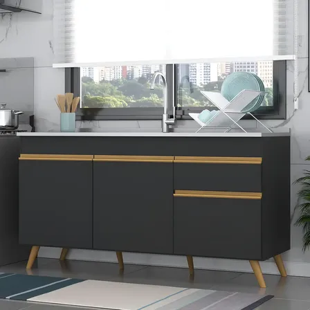 Balcão Armário Cozinha Gabinete para Pia 150cm 3 Portas 1 Gaveta Retrô Veneza Multimóveis MP2072 Preto