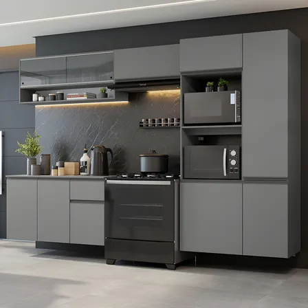 Armário Cozinha Completa Modulada Suspensa com Balcão para Cooktop 300cm Cinza Nice Madesa GRNC3000073B