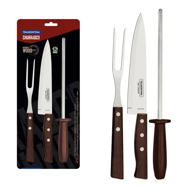 Kit Para Churrasco Tramontina Com Lâminas De Aço Inox E Cabos De Madeira Natural E Polipropileno 3 Peças Marrom