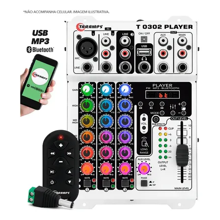 Mesa de Som 3 Canais Player Multicolor T0302 Mixer Taramps T 0302 Equalizador Mp3 Usb Fm Bluetooth 72 Efeitos Rgb Led