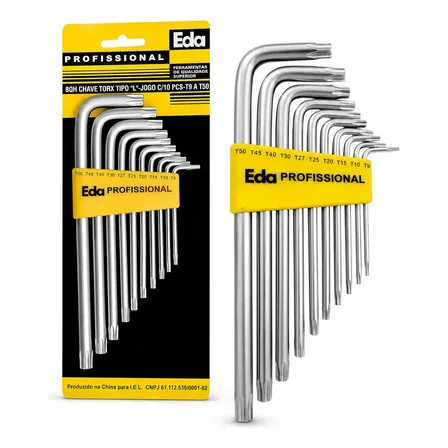 Jogo Chave Torx L Aço Eda 10 Peças T9 a T50 Longa Amarelo