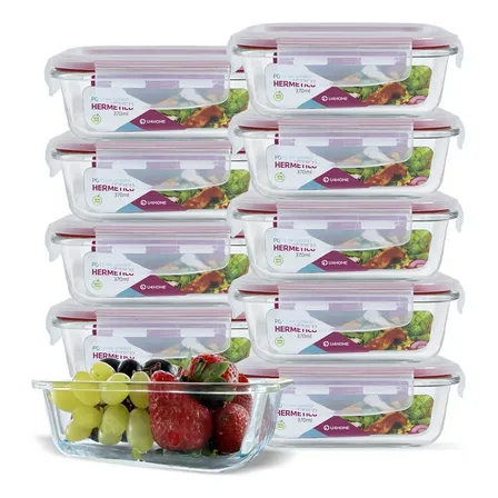 Kit 10 Potes Vidro Hermético Retangular Marmita 370ml Freezer Vermelho U4home