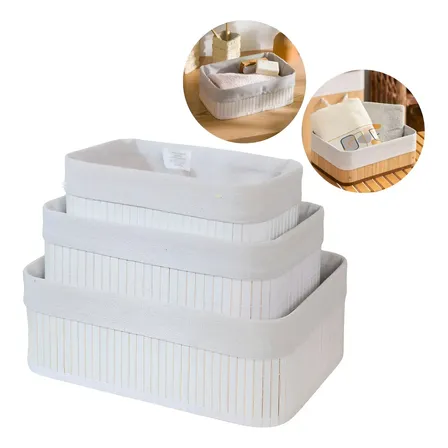 Kit 3 Cestos Organizadores De Bambu Multiuso Com Forro Cor Branco