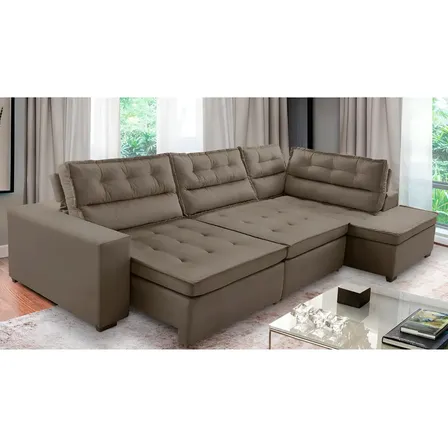 Sofá Canto Retrátil E Reclinável Com Molas 3,00x2,00 Virginia Suede Cappuccino Adonai Estofados Capuccino