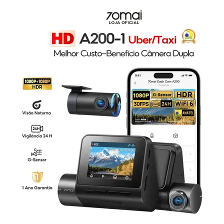Câmera Veicular 70mai A200-1 Full Hd 1080p Hdr + 1080p 2 Tela Wi-fi App 24h Visão Noturna/ Câmera Traseira Uber Nightvis