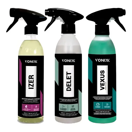 Kit Limpeza Concentrada Vonixx Vexus 500ml Motores + Izer 500ml Descontaminante Ferroso + Delet 500ml Pneus Faróis