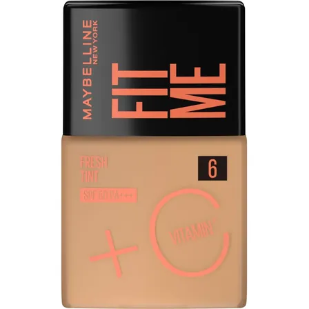 Base Líquida Protetor Solar FPS 50 com Vitamina C, Efeito Glow Natural, Controla Oleosidade e Uniformiza a Pele, Cor 06, Fit Me Fresh Tint Maybelline NY 30ml