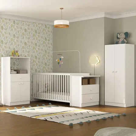 Quarto De Bebê Infantil Com Armário Berço-cômoda E Colchão Incluso Olívia Multimóveis Branco