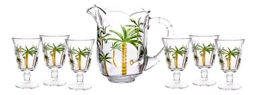 Conjunto 7 Peças Jarra de 1,3L Com 6 Taças de 240 ml Água Suco Cristal Palm Hand Painting Lyor