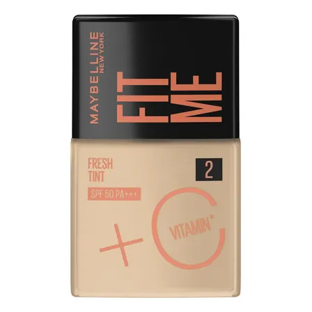 Base Líquida Protetor Solar FPS 50 com Vitamina C, Efeito Glow Natural, Controla Oleosidade e Uniformiza a Pele, Cor 02, Fit Me Fresh Tint Maybelline NY 30ml