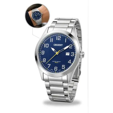 Relogio Orient Masculino Prata Fundo Azul Mbss1360 D2sx Prateado